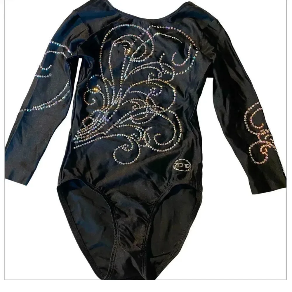 Ozone gymnastics black competition long sleeve custom leotard rhinestone SA